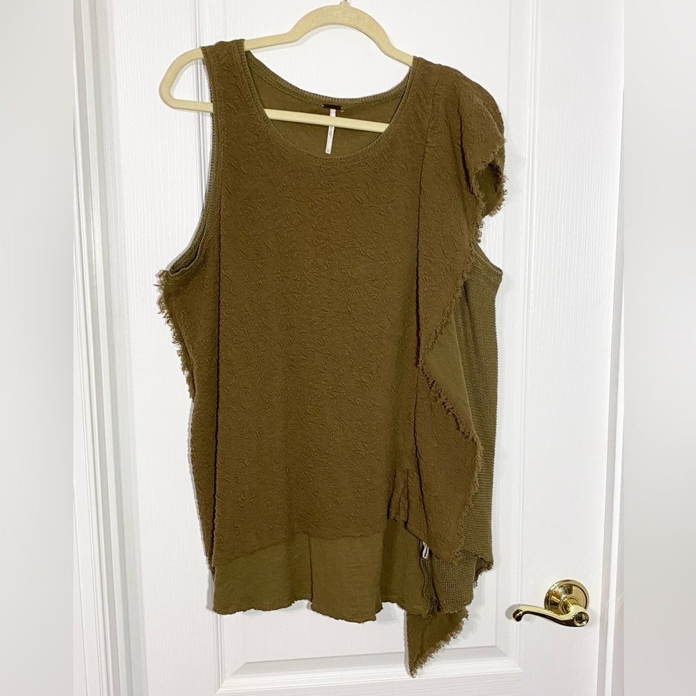Free People Asymmetric Ruffle Textured Knit Sleeveless Top Olive Large